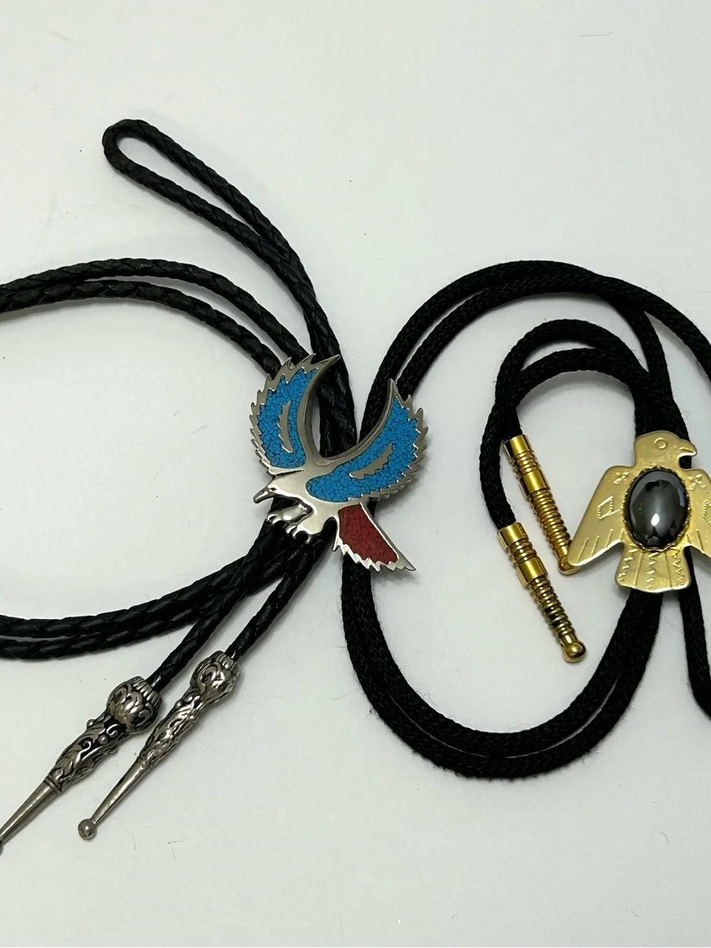 Lot of 2 Western Bolo Tie Eagle with Blue and Red Inlay & Thunderbird